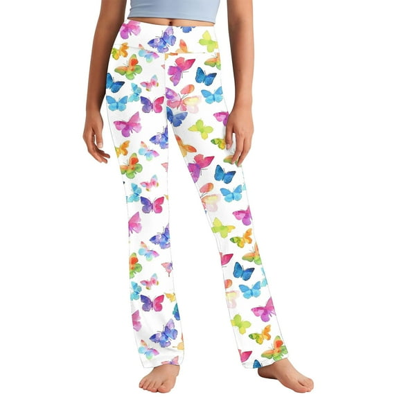 Riecok Leggings for Girls High Waisted Elasticity Cute Butterfly Printed Fashion Straight Yoga Pants Multicolor 8 Years
