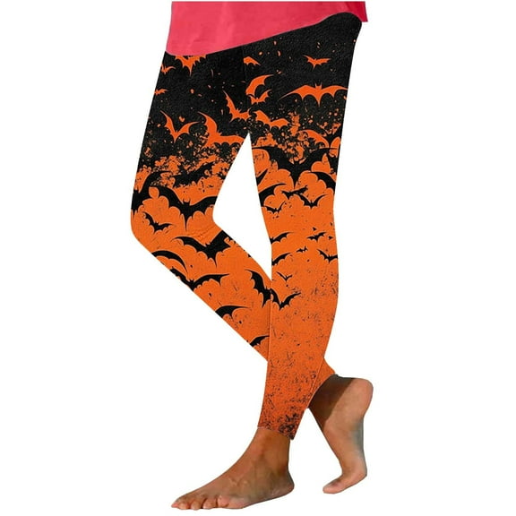 Riecok Leggings for Women Halloween Casual Stretchy Bat Print Legging Tights Sport Bottom Pants