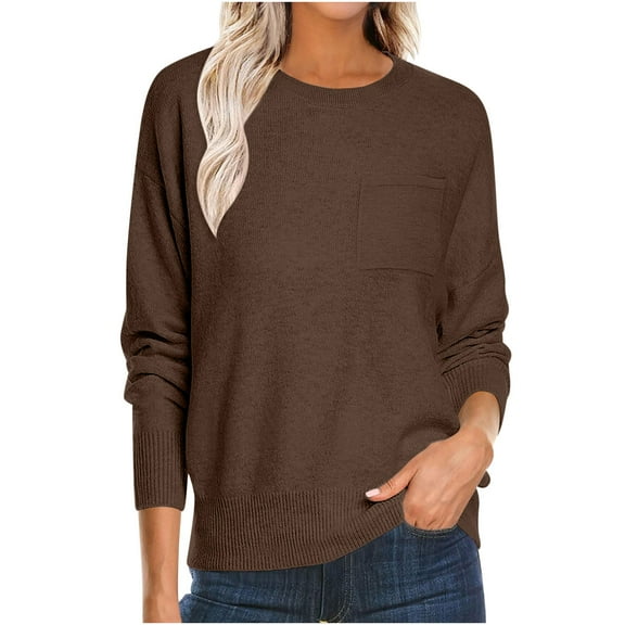 qelini Lightweight Womens Crewneck Sweaters Pullover Knitted Sweaters Solid Long Sleeve Tops Classic Trendy Blouses