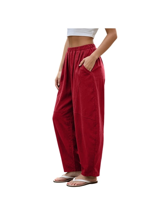 Linen Barrel Pants Women High Waist Pants Pleated Solid Pull on Trousers Stylish Clothes with Pockets