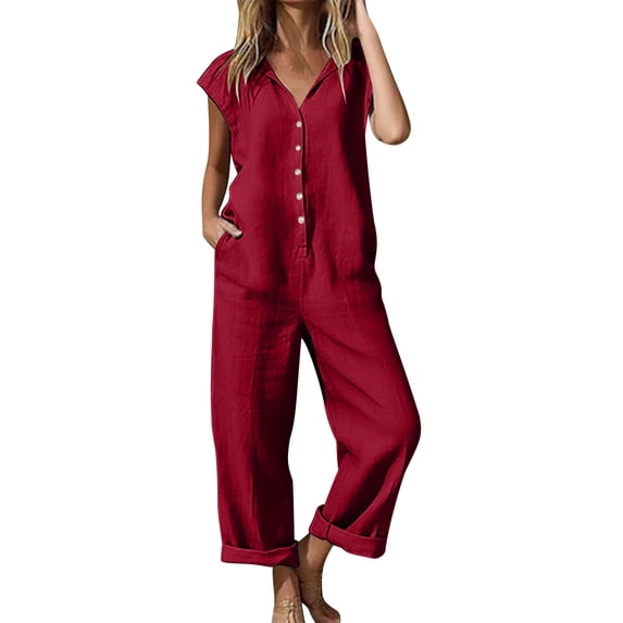 Riecok Linen Overalls for Women Short Sleeve One Piece Rompers Solid Button down Casual Vacation Jumpsuits