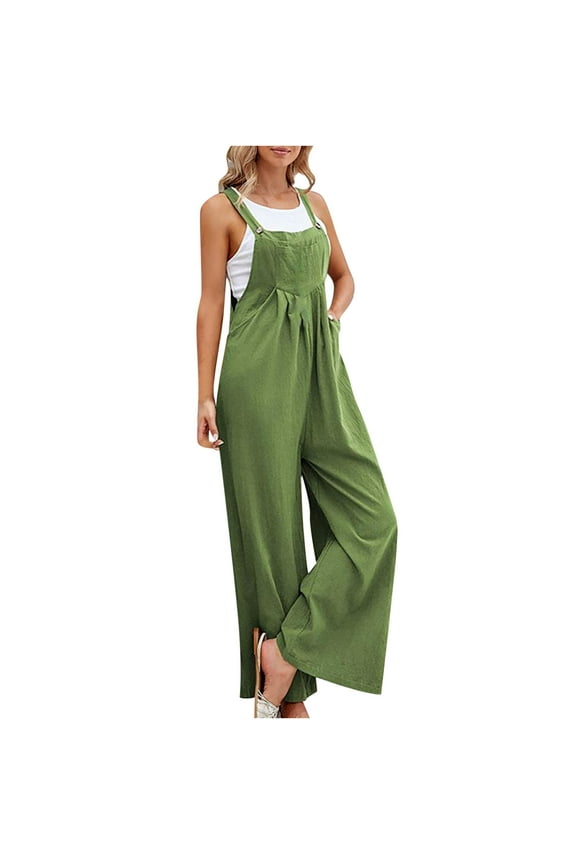 Linen Overalls for Women Sleeveless Wide Leg One Piece Rompers Solid Beach Vacation Jumpsuits with Pockets