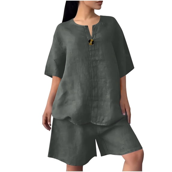 Riecok Linen Sets for Women Plus Size Crewneck 3/4 Sleeve Button Tops and Shorts Solid Casual Loose 2 Piece Outfit
