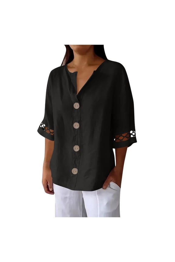 Linen Shirts for Women Crewneck 3/4 Sleeve Tops Button down Lace Block Blouses Solid Basic Summer Tees