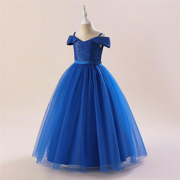 Riecok Little Girl Dress Princess Sleeveless Sequin Ruffle A Line Princess Dresses Halloween Birthday Party Kid Patchwork Tulle Skirt Formal Gown Dresses Blue 8 Years