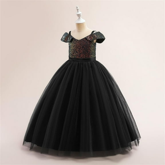 Riecok Little Girl Dress Princess Sleeveless Sequin Ruffle A Line Princess Dresses Halloween Birthday Party Kid Patchwork Tulle Skirt Formal Gown Dresses Black 12 Years