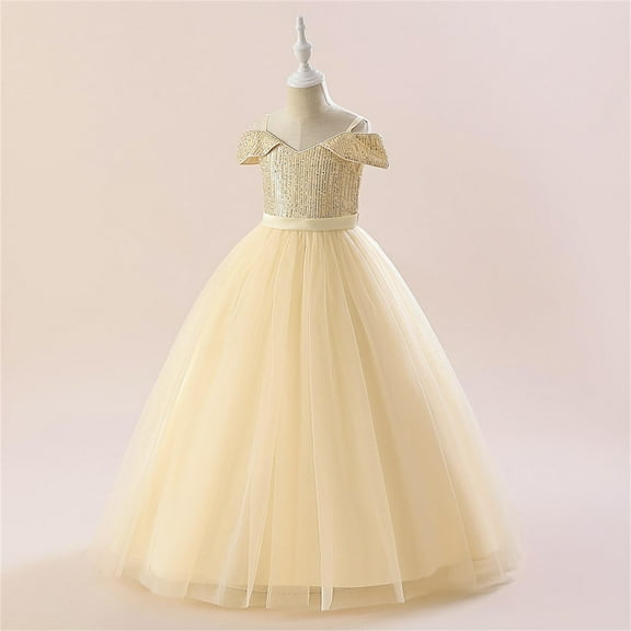 Riecok Little Girl Dress Princess Sleeveless Sequin Ruffle A Line Princess Dresses Halloween Birthday Party Kid Patchwork Tulle Skirt Formal Gown Dresses Yellow 11 Years