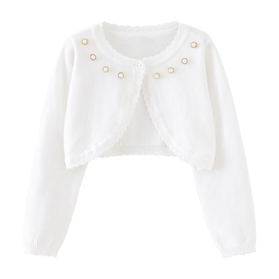 Riecok Little Girls Cardigan Sweater Crewneck Long Sleeve Knit Solid Color One Button Dress Cover Ups White 12 Months