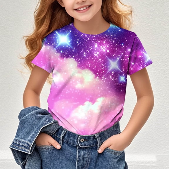Riecok Little Girls Graphic Tees Round-Neck Oversized T Shirts Kids All-match Fashion Lightweight Comfortable Toddler Kids Girls 2025 Purple 3 Years