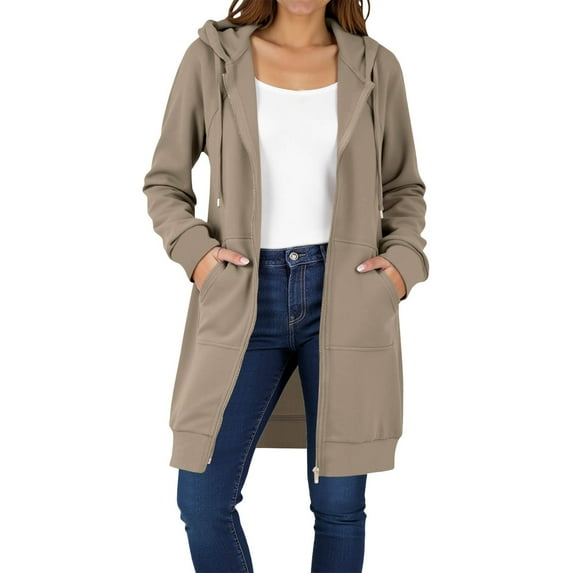 Riecok Long Hoodies for Women with Zipper Drawstring Knee Length Tunic Sweatshirts Long Sleeve Fashion Plus Size Hoodie with Pockets