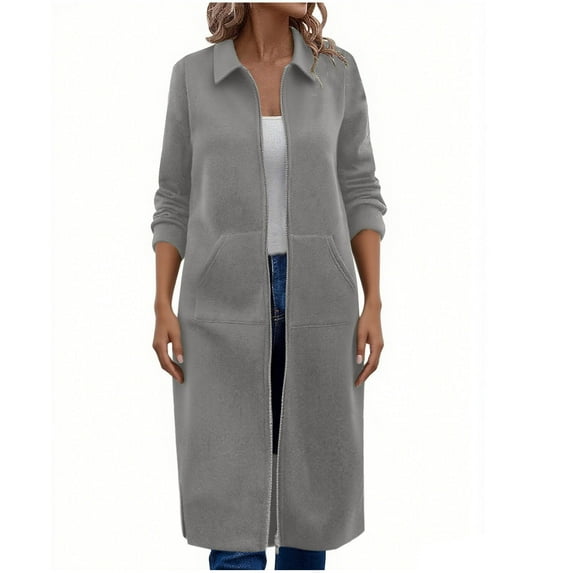 Riecok Long Jackets for Women Lapel Long Sleeve Jackets Zip Up Coats with Pockets Solid Color Baggy Trendy Clothes
