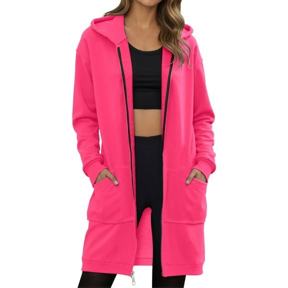 Riecok Long Jackets for Women Long Sleeve Hooded Jackets Zip Up Coats with Pockets Solid Color Baggy Stylish Clothes