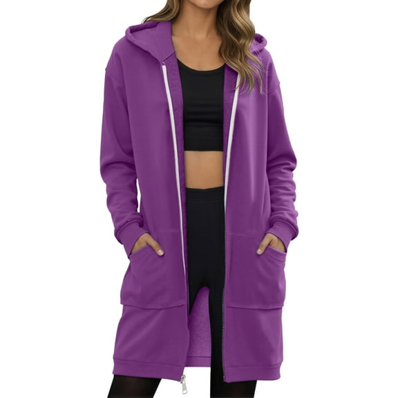 Riecok Long Jackets for Women Long Sleeve Hooded Jackets Zip Up Coats with Pockets Solid Color Baggy Stylish Clothes