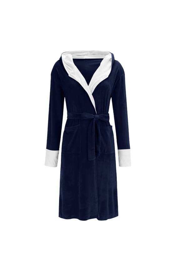 Long Robes for Women with Hood Cozy Soft Long Sleeve Warm Bathrobe with Front Pockets and Tie Closure Comfortable Nightdress Navy M