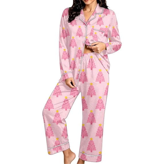 Riecok Long Sleeve Pajama Set for Women Christmas Xmas Tree Printed 2 Piece PJs Sleepwear Button down Shirt and Pant Holiday Homewear