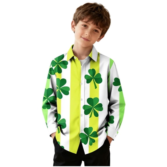 Riecok Long Sleeve Shirts for Boys St Patrick's Day Lapel Collared Graphic Print Button up Blouse Holiday Dressy Tops
