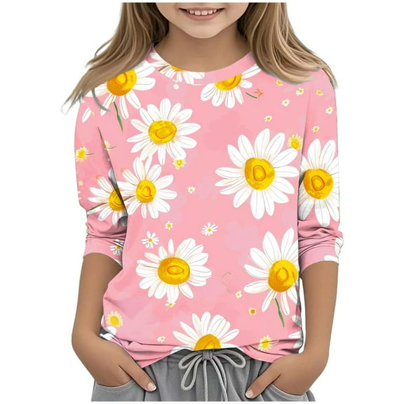 Riecok Long Sleeve Shirts for Girls Round Neck Cute Printed 3/4 Sleeve Kids Casual and Comfortable Base Shirt Pink 9 Years