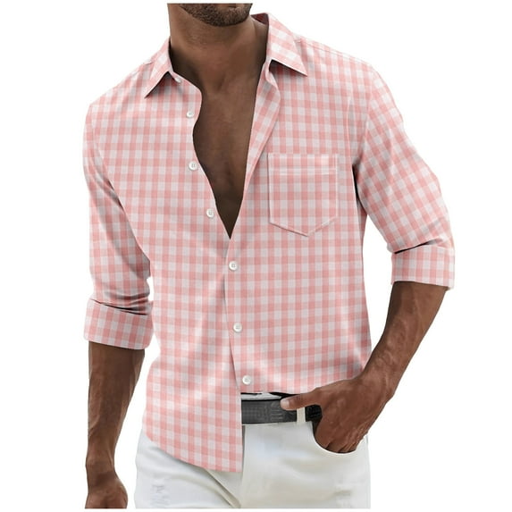 Riecok Long Sleeve Shirts for Men Lapel Striped Button down Comfortable Casual Fashion Mens Shirts Pink M