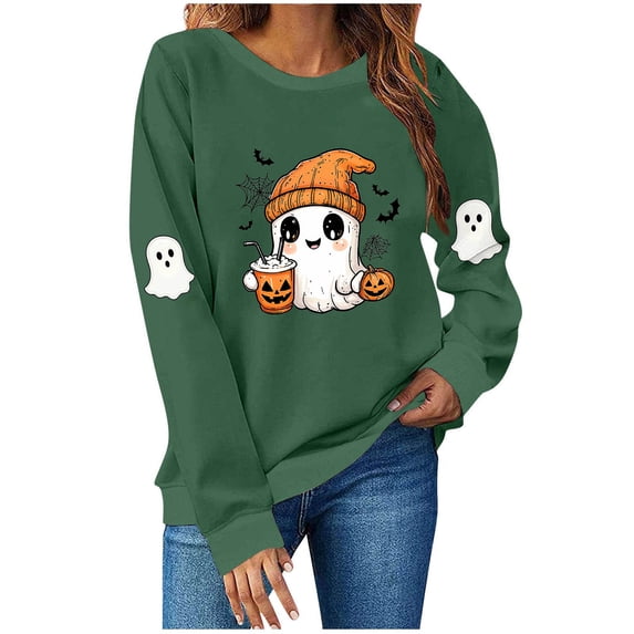 Riecok Long Sleeve Sweatshirts for Women Halloween Ghost Print Pullover Spooky Season Crewneck Tops Holiday Fall Outfit