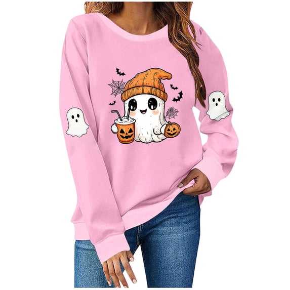 Riecok Long Sleeve Sweatshirts for Women Halloween Ghost Print Pullover Spooky Season Crewneck Tops Holiday Fall Outfit