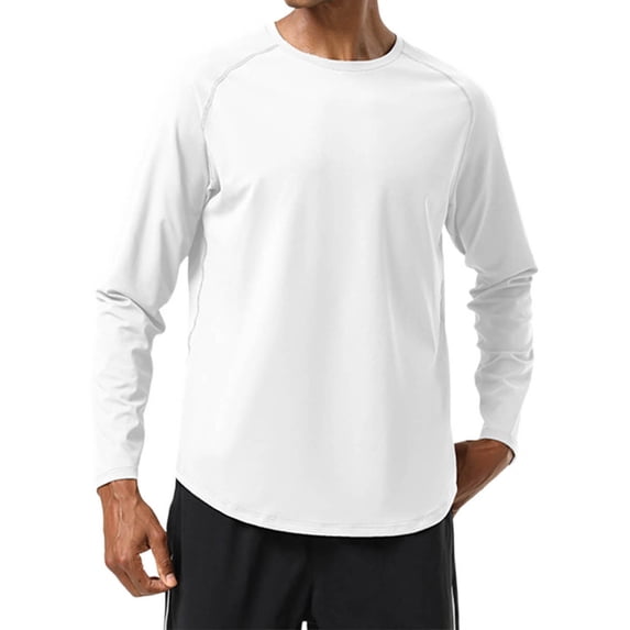 Riecok Long Sleeve Tee Shirts for Men Round Neck Solid Color Pullover Fall Casual Fashion Basic Tops White M