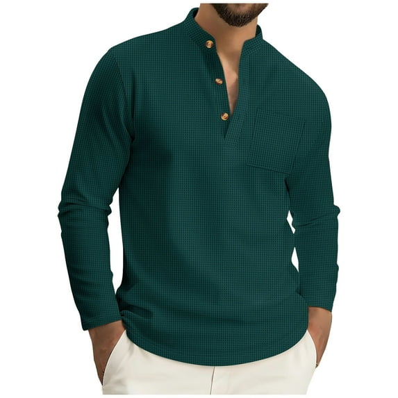 Riecok Long Sleeve Tee Shirts for Men Stand up Collar Solid Color Half Button Comfortable Soft Breathable Mens Blouse Green XL