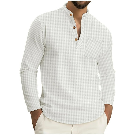 Riecok Long Sleeve Tee Shirts for Men Stand up Collar Solid Color Half Button Comfortable Soft Breathable Mens Blouse White S