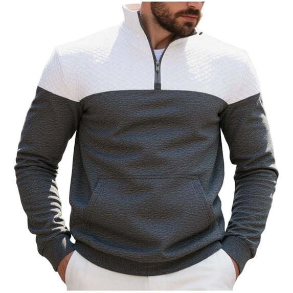 Riecok Long Sleeve Tops for Men with Pocket Stand up Collar Half Zipper Solid Color Casual Fall Outwear Dark Gray 3XL