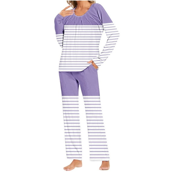 Riecok Loungewear Sets for Women 2 Piece Crewneck Long Sleeve Tops and Pants Striped Cozy Soft Sleepwear