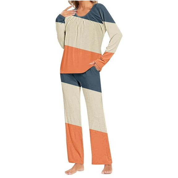 Riecok Loungewear Sets for Women Crewneck Long Sleeve Tops and Pants Striped Soft Comfortable Sleepwear