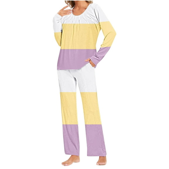 Riecok Loungewear Sets for Women Crewneck Long Sleeve Tops and Pants Striped Soft Comfortable Sleepwear