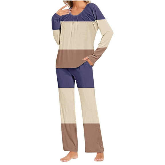 Riecok Loungewear Sets for Women Crewneck Long Sleeve Tops and Pants Striped Soft Comfortable Sleepwear