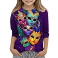 thumbnail image 1 of Riecok Mardi Gras Outfit Girl Masquerade Mask Sparkly Sequins Print 3/4 Sleeve Crew Neck Comfortable Loose Fashion Mardi Gras Shirts for Kids 3-4 T Multicolor, 1 of 5