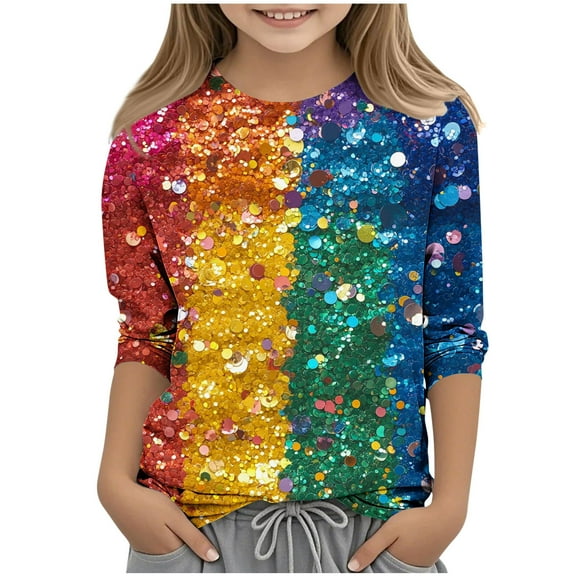 Riecok Mardi Gras Outfit for Girls Shirts Carnival Purple Gold 3/4 Sleeve Crew Neck Fashion Mardi Gras Shirts for Kids Mardi Gras Clothing 7 T Purple