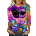 thumbnail image 1 of Riecok Mardi Gras Shirts Plus Size Mask Print Crewneck Pullover 3/4 Sleeve Tunic Tops Funny Holiday Blouses, 1 of 5