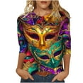 thumbnail image 1 of Riecok Mardi Gras Shirts for Women Mask Print Crewneck Pullover 3/4 Sleeve Tunic Tops Funny Holiday Blouses, 1 of 5