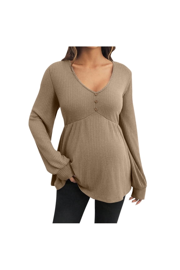 Maternity Blouse Long Sleeve V Neck Ribbed Knit Pullover Solid Button down Tunic Tops Cozy Pregnant Clothes