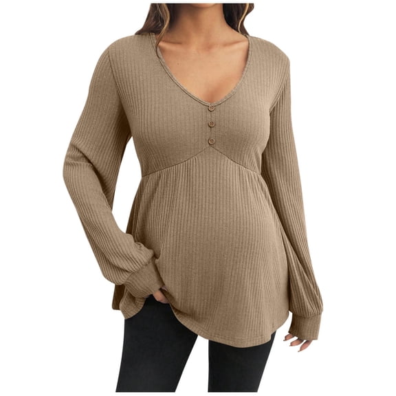 Riecok Maternity Blouse Long Sleeve V Neck Ribbed Knit Pullover Solid Button down Tunic Tops Cozy Pregnant Clothes