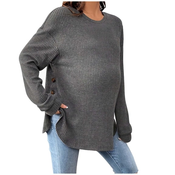 Riecok Maternity Clothes for Women Plus Size Crewneck Ribbed Knit Pullover Solid Long Sleeve Tunic Tops Pregnant Bloues