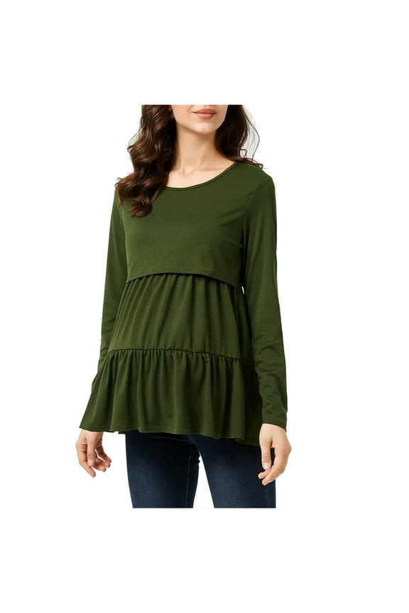 Maternity Nursing Tops Round Neck Pullover Shirts Solid Color Long Sleeve Blouses Casual Trendy Clothes