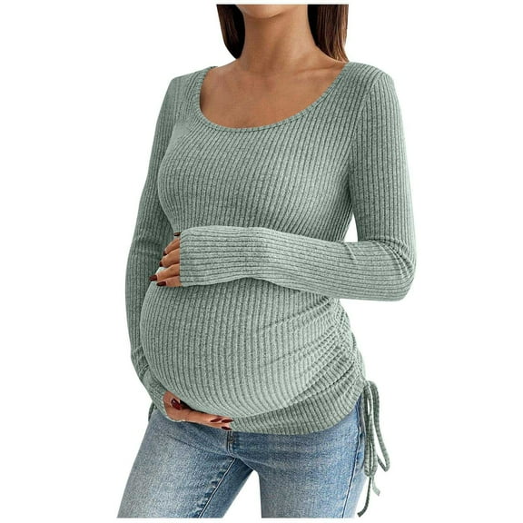 Riecok Maternity Tops Long Sleeve Crewneck Stretchy Pullover Solid Ribbed Knit Shirts Soft Pregnant Outwear