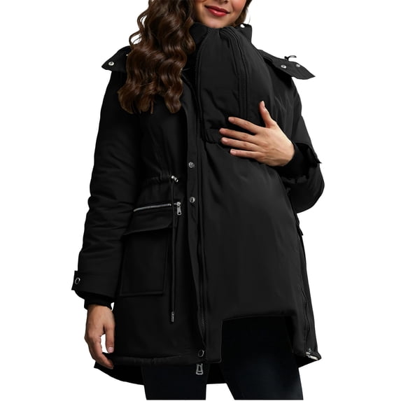 Riecok Maternity Winter Coat 3 in 1 Puffer Hooded Jacket Solid Long Sleeve Zip up Thick Parkas Outerwear with Pocket