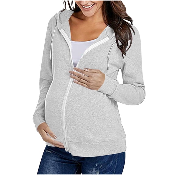 Riecok Maternity Zip up Hoodie Long Sleeve Drawstring Sweatshirts Solid Pregnant Nursing Tops Casual Loose Clothes