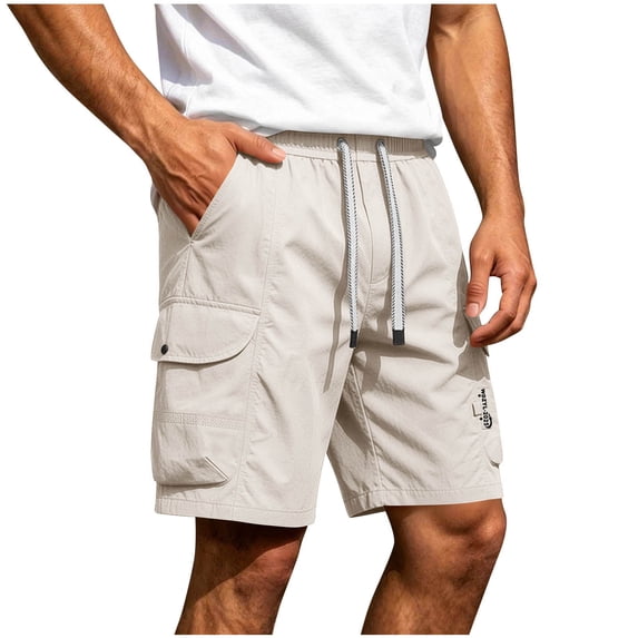 Riecok Men Cargo Shorts with Pockets Elastic Waist Drawstring Quick Dry Workout Shorts Solid Summer Hiking Clothes