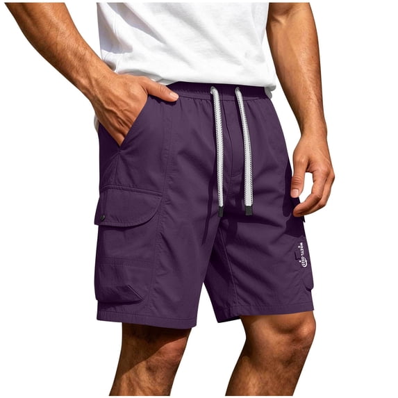 Riecok Men Cargo Shorts with Pockets Elastic Waist Drawstring Quick Dry Workout Shorts Solid Summer Hiking Clothes