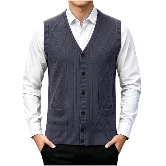 Riecok Men Vest Sweater Sleeveless V Neck Button down Sweaters Lightweight Solid Winter Tops with Pockets Dark Gray XL