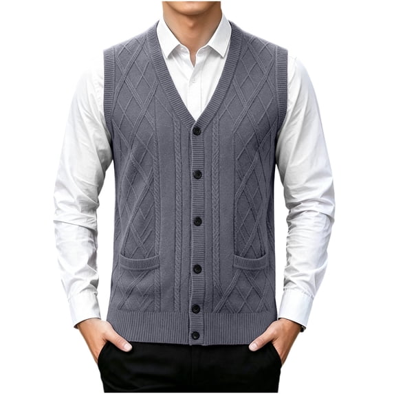 Riecok Men Vest Sweater Sleeveless V Neck Button down Sweaters Lightweight Solid Winter Tops with Pockets Gray L