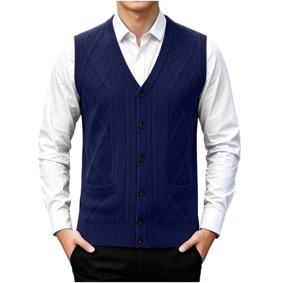 Riecok Men Vest Sweater Sleeveless V Neck Button down Sweaters Lightweight Solid Winter Tops with Pockets Navy XL