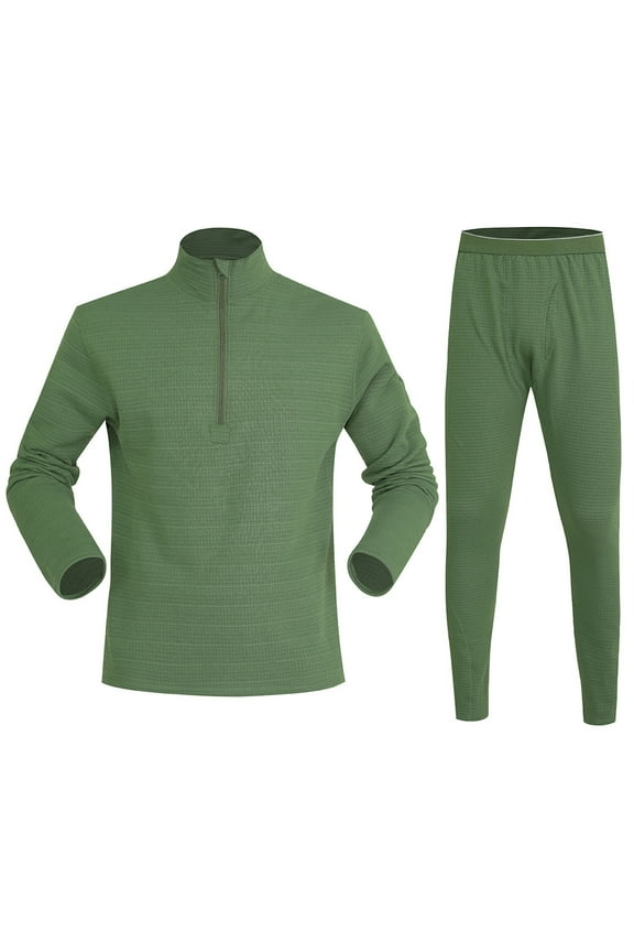 Mens Base Layer Set Seamless Round Neck Solid Color Fleece Base Layer Skiing Winter Warm Top & Bottom Army Green S
