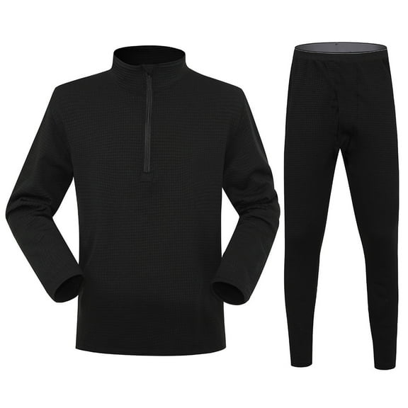 Riecok Mens Base Layer Set Seamless Round Neck Solid Color Fleece Base Layer Skiing Winter Warm Top & Bottom Black L